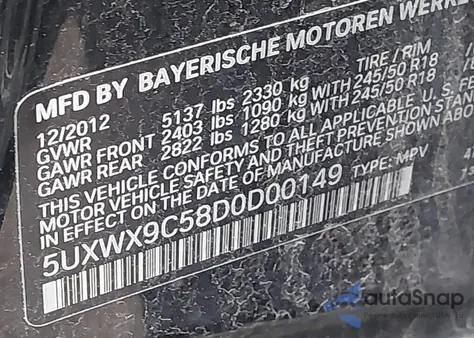 2013 BMW X3 xDrive28I из США, поврежденный, VIN 5UXWX9C58D0D00149